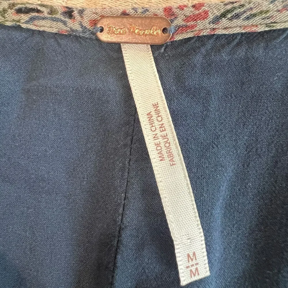 Free People Floral Long Sleeve Mini Dress‎ Womens Sz. Medium Blue Bohemian FLAW